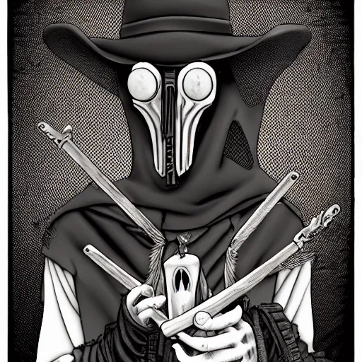 Prompt: a portrait of a plague doctor gunslinger, dark fantasy, horror, western, hell, ultrafine detailed digital pencil art by takeshi obata and mike mignola and irving penn, death note style, colored, symmetric body, cgsociety, sharp focus, detailed face, looking at the camera