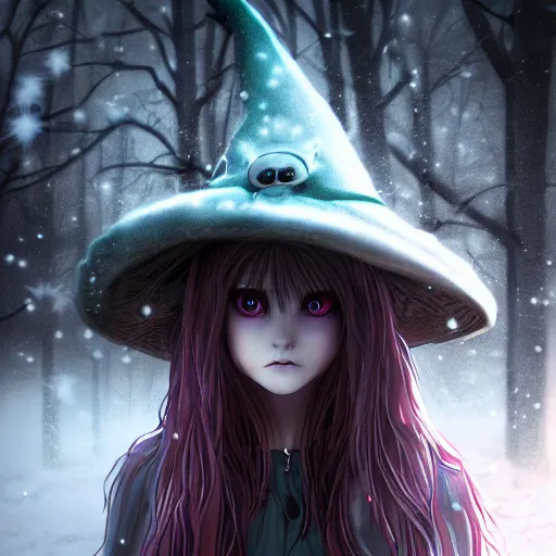 Image similar to focus face portrait of beautiful darkness witch 3D anime girl, dark forest background, snowing, bokeh, inspired by Tim Burton, digital painting, unreal engine render, volumetric light, high détail