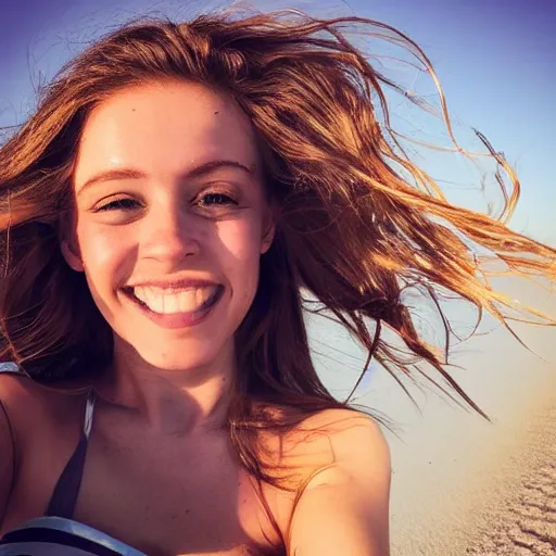 Prompt: Selfie photographCute young woman, long shiny bronze brown hair, green eyes, cute freckles, soft smile, golden hour, beach setting, medium shot, mid-shot, instagram