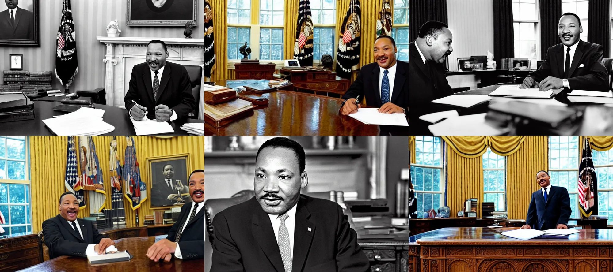 Prompt: professional modern 2010 photo of president martin luther king jr smiling working at the resolute desk in the white house wearing a suit and tie sitting in the oval office washington dc in background