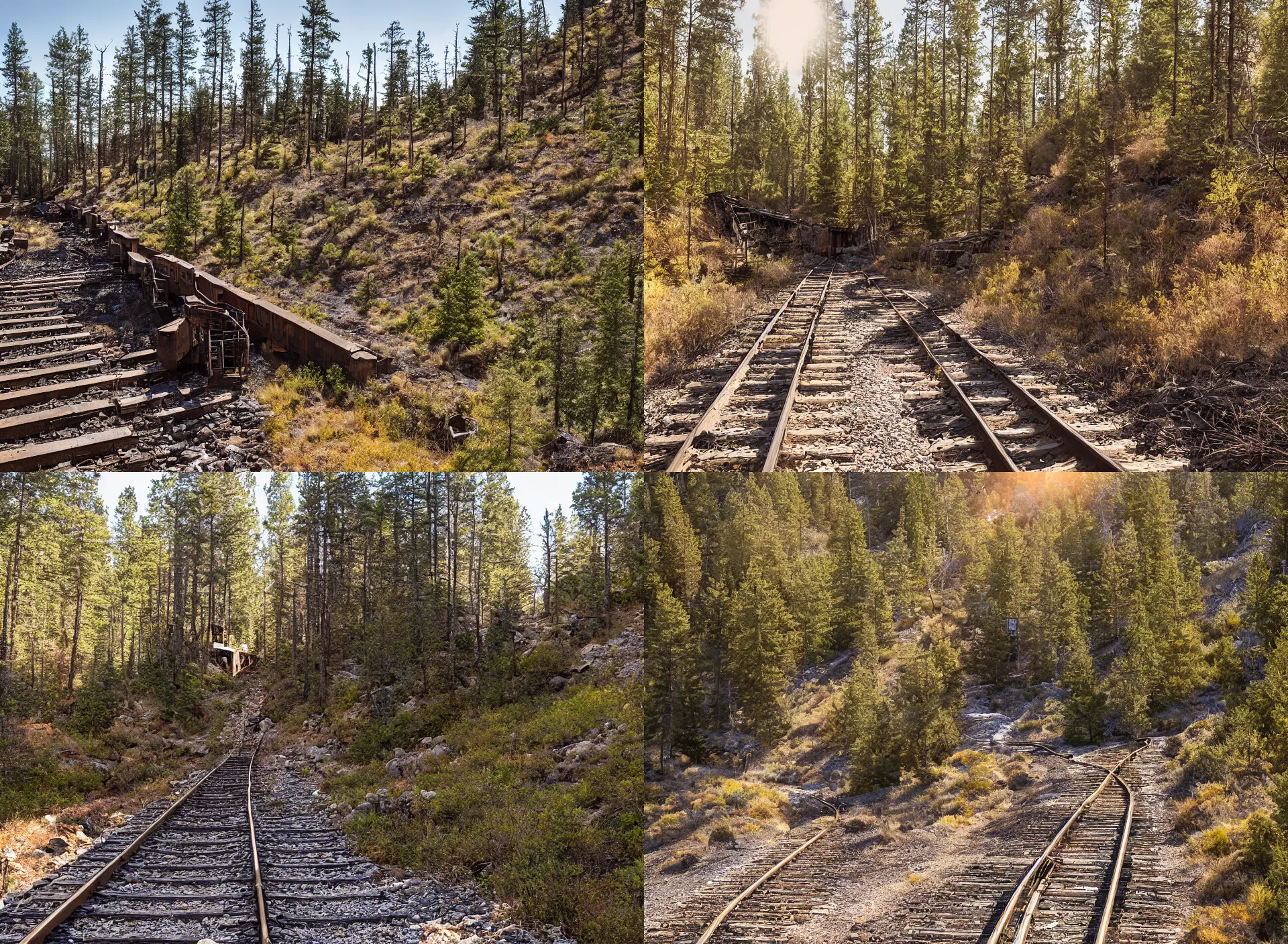 Prompt: entrance to abandoned mine, rail tracks lead from the mine, a mine cart sits on the tracks, sheer cliffs surround the scene, high elevation, sparse pine forest long shadows, golden hour, wide angle