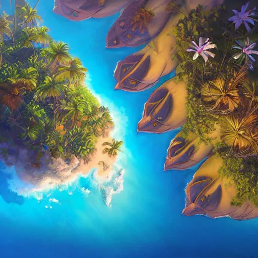 Image similar to a painting a breathtaking aerial view of Hawaiian islands with Pirates, surrounded by palm trees, clouds, flowers, volcano, azure ocean, sunlight glistening, glow, , a detailed matte painting by sylvain sarrailh, Stephan Martinière, by RHADS, Makoto Shinkai, bokeh, Artstation contest winner, fantasy art, concept art, #vfxfriday