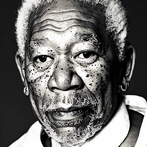 Prompt: a studio photograph of Morgan Freeman dressed as Tupac, 40mm lens, shallow depth of field, split lighting