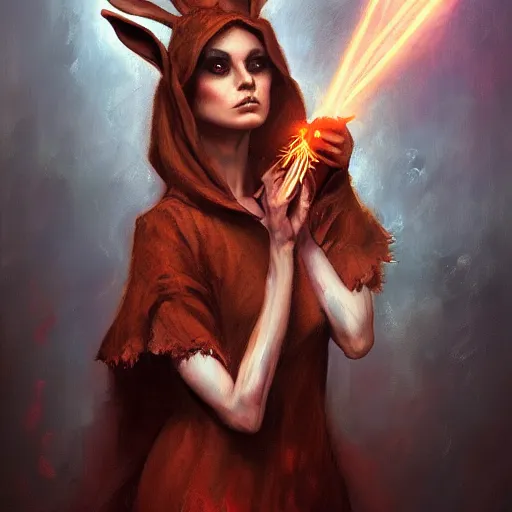 Image similar to oil painting of a rabbit dressed like a female magician holding a magic wand, urban fantasy art by seb mckinnon, artstation npc character design, top - rated