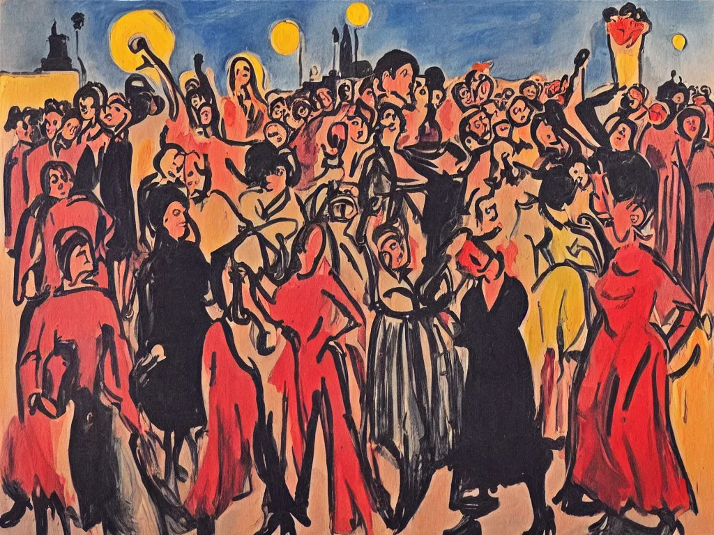 Prompt: woman movement, lisbon city at night, art in the style of paula rego