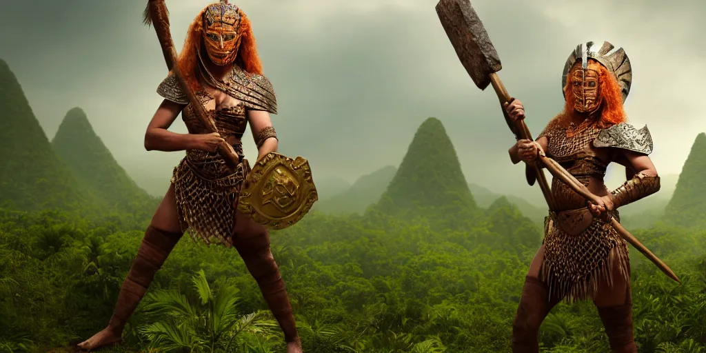 Image similar to armoured ginger dwaven woman wielding a hammer and shield, jungle clearing, awesome floating mountain in the shape of a human heart by Charlie White 4k realism distant landscape