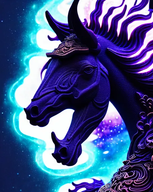 Image similar to 3 d ornate carved dark cosmic horse with profile portrait, sigma 5 0 0 mm f / 5. beautiful intricate highly detailed mongolian horse. bioluminescent, plasma, lava, ice, water, wind, creature, thunderstorm! artwork by tooth wu and wlop and beeple and greg rutkowski, 8 k trending on artstation