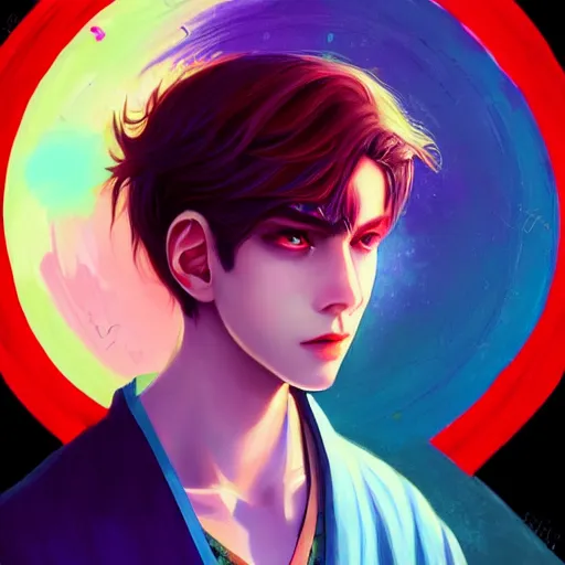 Image similar to colorful and Festive Captivating teenager boy with straight indigo hair, purple eyes with red eye markers, slim body, wearing a detailed Japanese kimono. rich vivid colors, ambient lighting, dynamic lighting, 4k, atmospheric lighting, painted, intricate, highly detailed by Charlie Bowater