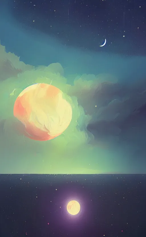 Image similar to a beautiful illustration of jupiter at night, art of alena aenami, featured on artstation, vertical orientation, paint brush strokes, expressionism, brushstroke - laden, breathtaking clouds, birds, ocean, beautiful stars, long exposure, big moon radius, airy midnight theme, blue purple gradient, lens flare