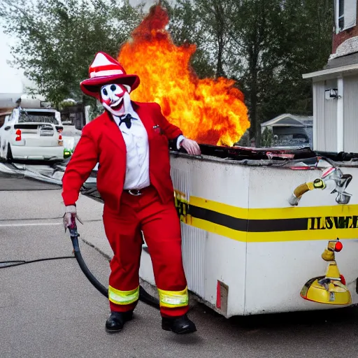 Image similar to a clown wearing firefighter clothes, using a flamethrower on a dumpster fire