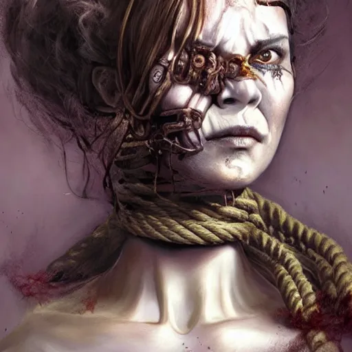 Image similar to portrait of a Shibari rope wrapped face and neck, headshot, insanely nice professional hair style, dramatic hair color, digital painting, of a old 17th century, old cyborg merchant, amber jewels, baroque, ornate clothing, scifi, realistic, hyperdetailed, chiaroscuro, concept art, art by Franz Hals and Jon Foster and Ayami Kojima and Amano and Karol Bak,