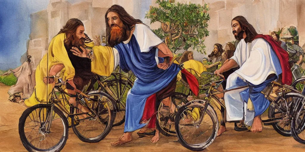 Prompt: a award winning painting of Jesus stealing a bike