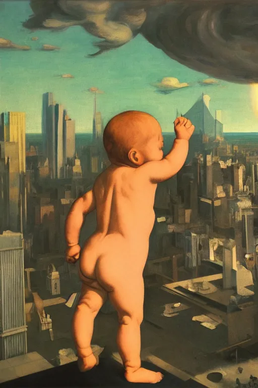 Image similar to evil human giant baby in a diaper, grows up to the sky, against the backdrop of destroyed high - rise building, hauntingly surreal, highly detailed painting by francis bacon, edward hopper, adrian ghenie, gerhard richter, and james jean soft light 4 k,