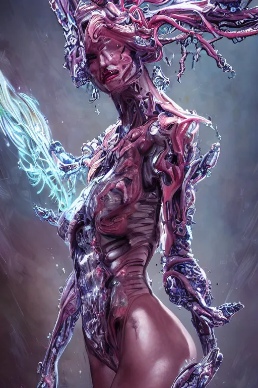 Prompt: comic art,Sprial, a gorgeous beautiful female six-armed Mutant and Cyborg Sorcerer with white hair long legs standing at a dimensional gateway,full character design,8k,art by Stanley Artgermm,Travis Charest,Carne Griffiths,trending on Artstation,face enhance,hyper detailed,full of colour,cinematic,dynamic lighting
