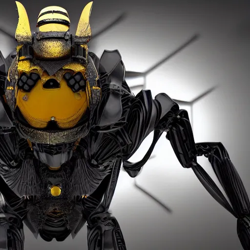 Image similar to a photograph portrait of a humanoid robotic bee, full body, realistic, ultra detailed, atomic weaponry, gigantic pillars, dark fantasy