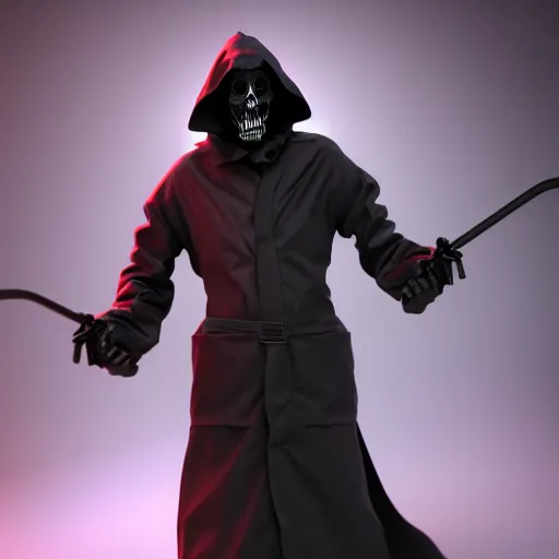 Image similar to nanopunk grim reaper, character design, high quality digital art, render, octane, redshift, volumetric lighting, 3 d render