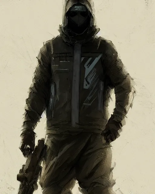 Image similar to Medium shot of a character wearing techwear in the style of greg rutkowski