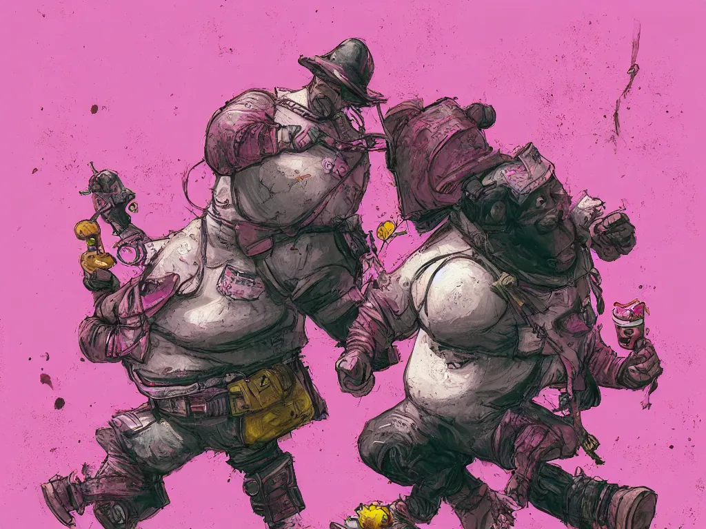 Image similar to Humpty Dumpty , fighting with a pink rubber monkey in a cyberpunk, post apocalyptic Tokyo, D&D, fantasy, highly detailed, digital painting, artstation, concept art, smooth, sharp focus, illustration, art by Bill Sienkiewicz