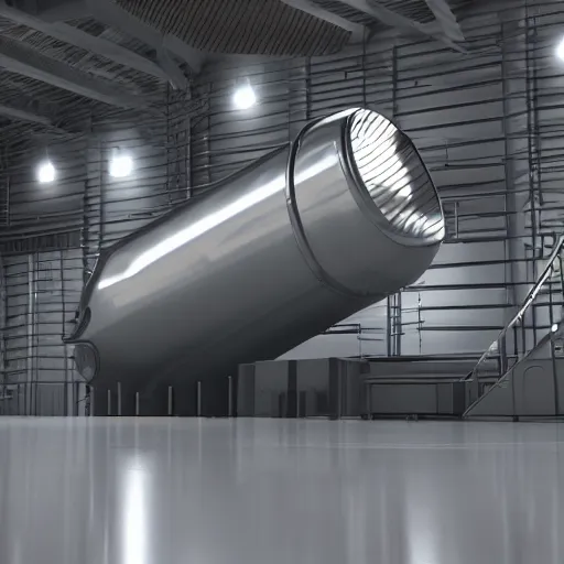 Image similar to big metallic capsule connected to pipelines, purpose is pump, standing in large industrial hall, designed by best engineers, raytracing, reflections