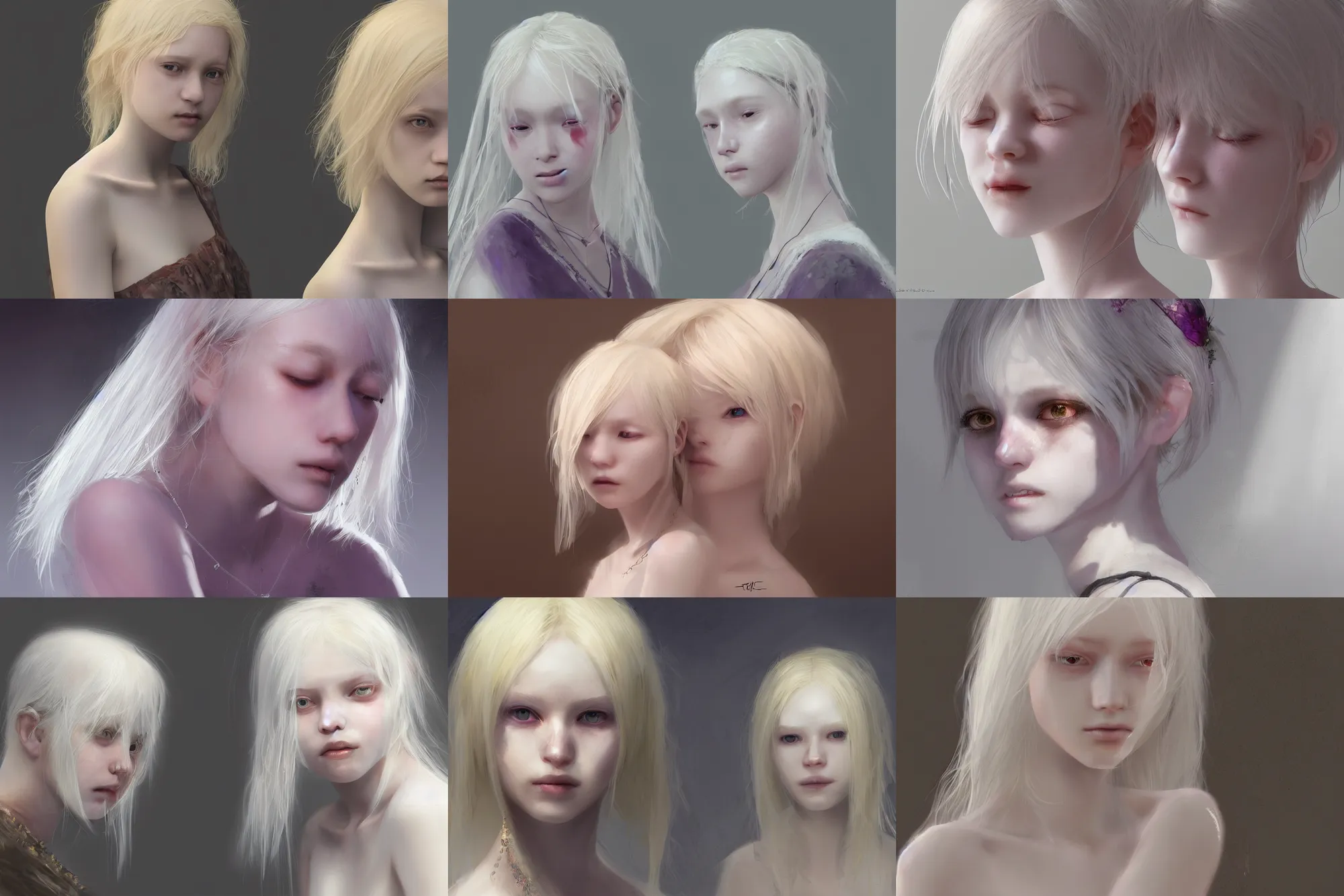 Prompt: albino hair, shoulder-long straight, fragile girl, veil, amber jewelry, violet eyes, clothes style japanese/asian/chinese, burn scar left cheek,, digital art in the style of Craig Mullins , 4k