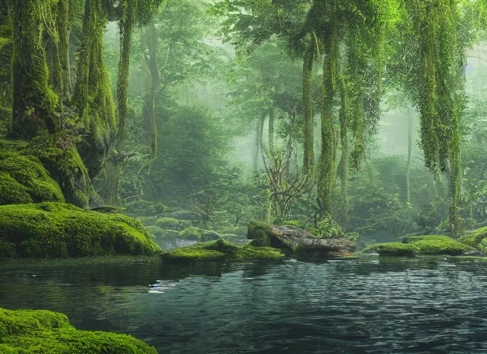 Prompt: A natural pool in a forest with tall trees, overgrown with moss, surrounded by lush plants, vines hanging from the tall trees, pine trees, detailed, digital art, trending on Artstation, atmospheric, volumetric lighting, hyper-realistic, Unreal Engine, sharp