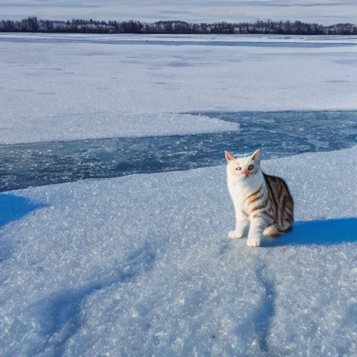 Image similar to a cat standing on the middle of a frozen lake