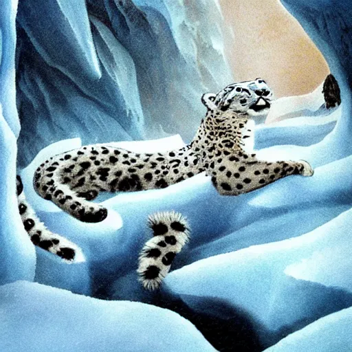 Prompt: riding the snow leopard into the translucent ice caves. melancholy undertones, high fantasy art official contest submission 3 8 4 0