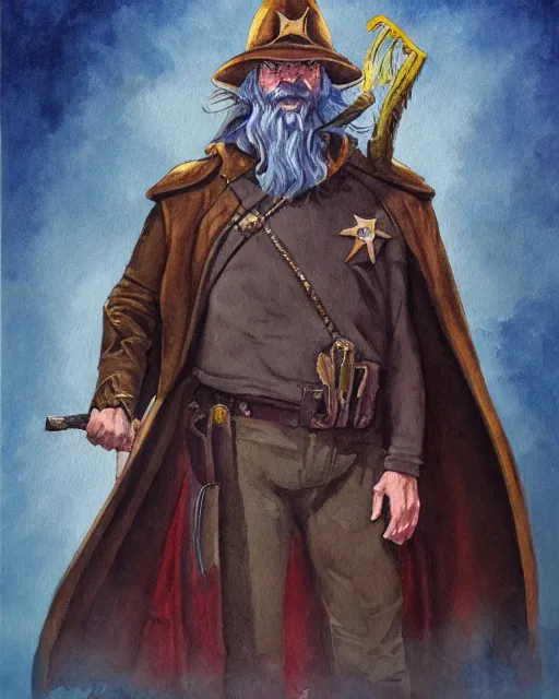 Image similar to a oil / watercolor painting full body character portrait of a sheriff / wizard in the style of moebius in the style of leonard boyarsky trending on artstation deviantart pinterest detailed photorealistic highlights and shadow hd 8 k post - processing high resolution