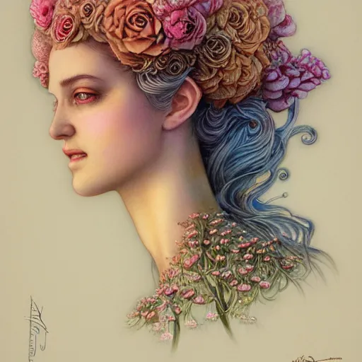 Image similar to a beautiful detailed front view portrait of princess peach with ornate growing around, ornamentation, flowers, elegant, beautifully soft lit, by wayne barlowe, peter mohrbacher, kelly mckernan