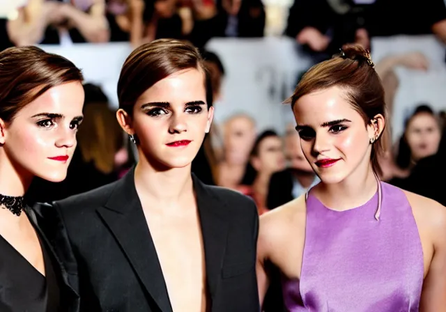 Image similar to a professional fashion model photo of Emma Watson and her twin sisters wearing purple dressed surrounding Tom Cruise wearing a suit and tie. Euro-American crossover photography.