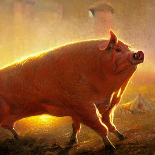 Prompt: farmers wanted to create a source of endless meat with magic, but they created a huge meaty pig - like something that destroys the farm, close - up, painting by gaston bussiere, craig mullins, j. c. leyendecker, 4 k, 8 k, trending on artstation, artstationhd, artstationhq, highest detail