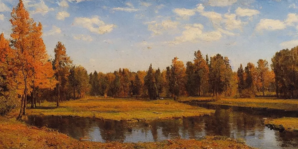 Prompt: winter, summer and autumn landscape, lush field, forest, river, matte painting, by Isaac Levitan and Vasily Perov