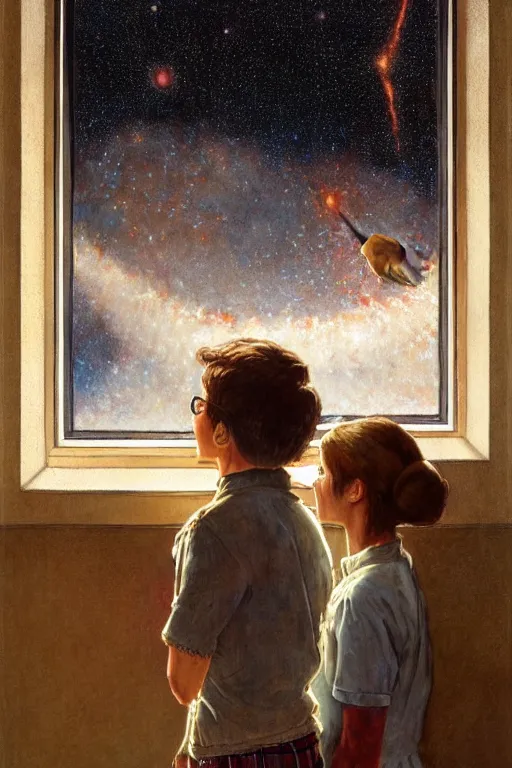 Image similar to a 1 2 year old boy and 1 0 year old girl looking at a wall and viewing the universe full of galaxies, part by norman rockwell, part by greg rutkowski, part by mattias adolfsson, high angle, ( ( ( ( volumetric lighting ) ) ) ), oil on canvas