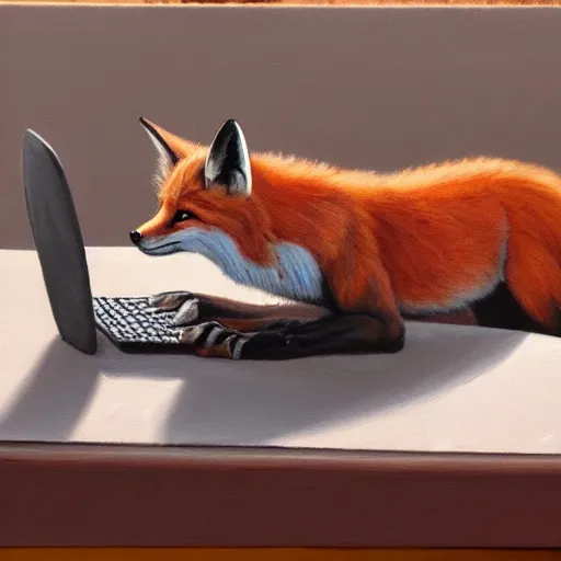 Image similar to oil painting of a fox typing on a laptop