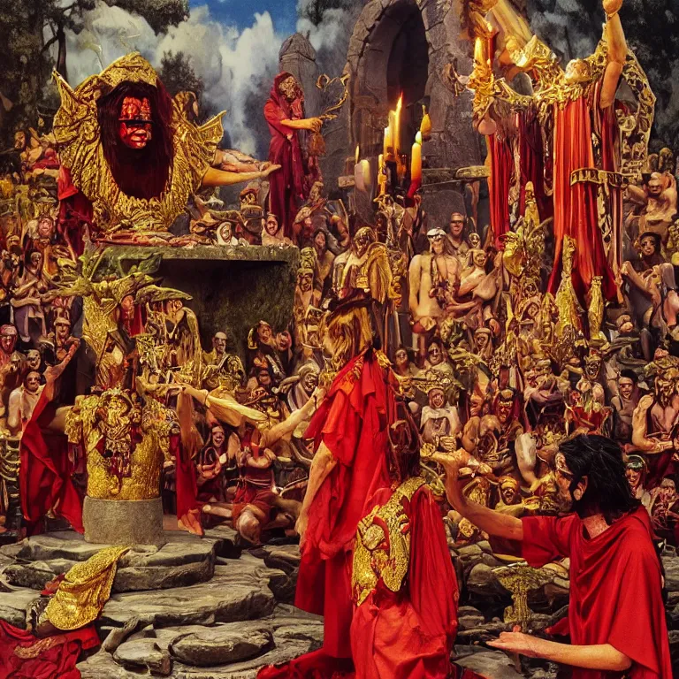 Image similar to pov of a member of an esoteric cult sacrificing a male body on a stone altar, ektachrome hyper realistic and detailed, wear heavy red ornemental costumes and elongate gold masks and jewels