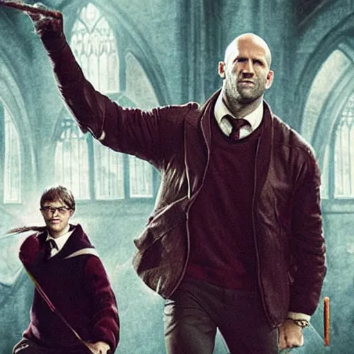 Prompt: jason statham as harry potter in hogwarts