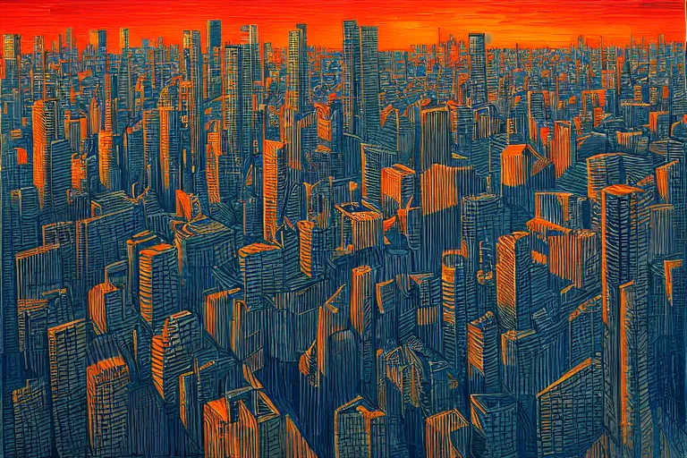 Prompt: inner city skyline at sunset by jeffrey smith, cubism, contrast colour, 3 d depth, oil on canvas, trending art station, masterpiece
