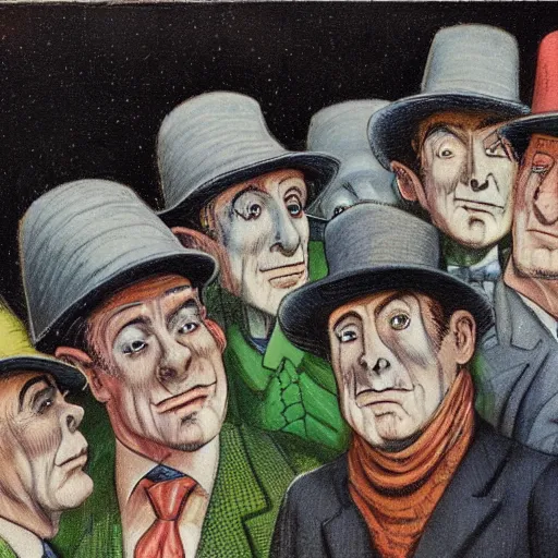 Image similar to A row of men in hats are standing, looking into the distance. the man in the centre is facing the front, looking downwards at his stomach by Frank Kelly Freas