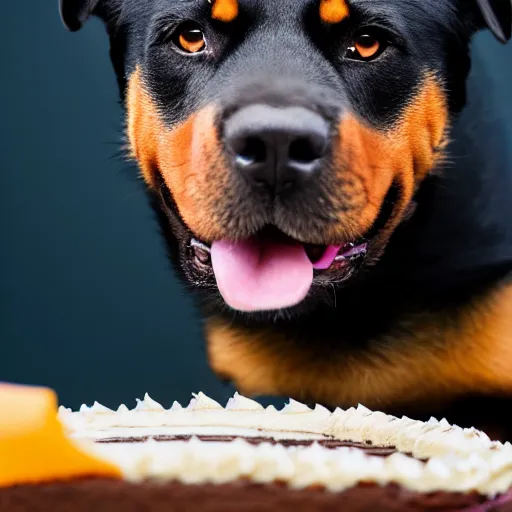 Prompt: a high - quality photo of a cute rottweiler with a half - eaten birthday cake, 4 5 mm, f 3. 5, sharpened, iso 2 0 0, raw, food photography