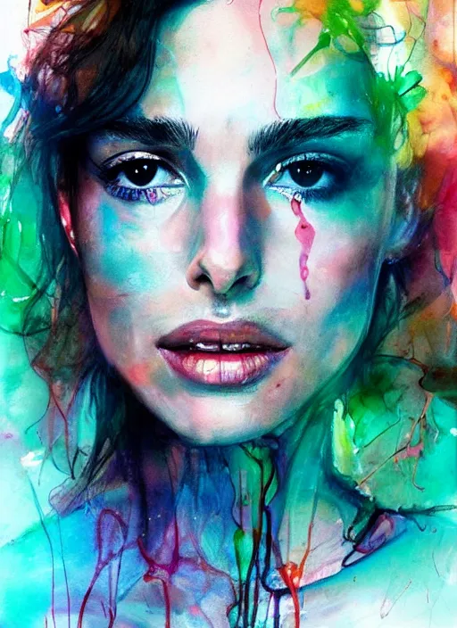 Prompt: sexy seducing smile nathalie portman in chemisier by agnes cecile, half body portrait, extremely luminous bright design, pastel colours, ink drips, autumn lights