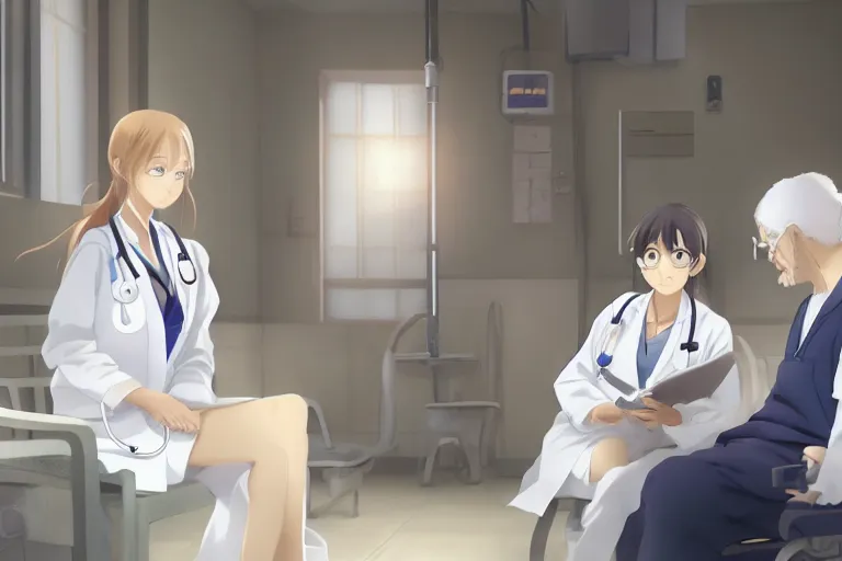 Image similar to a cute young female doctor wearing white coat are talking with an old surgeon in a hospital, lighting, anime scenery by Makoto shinkai