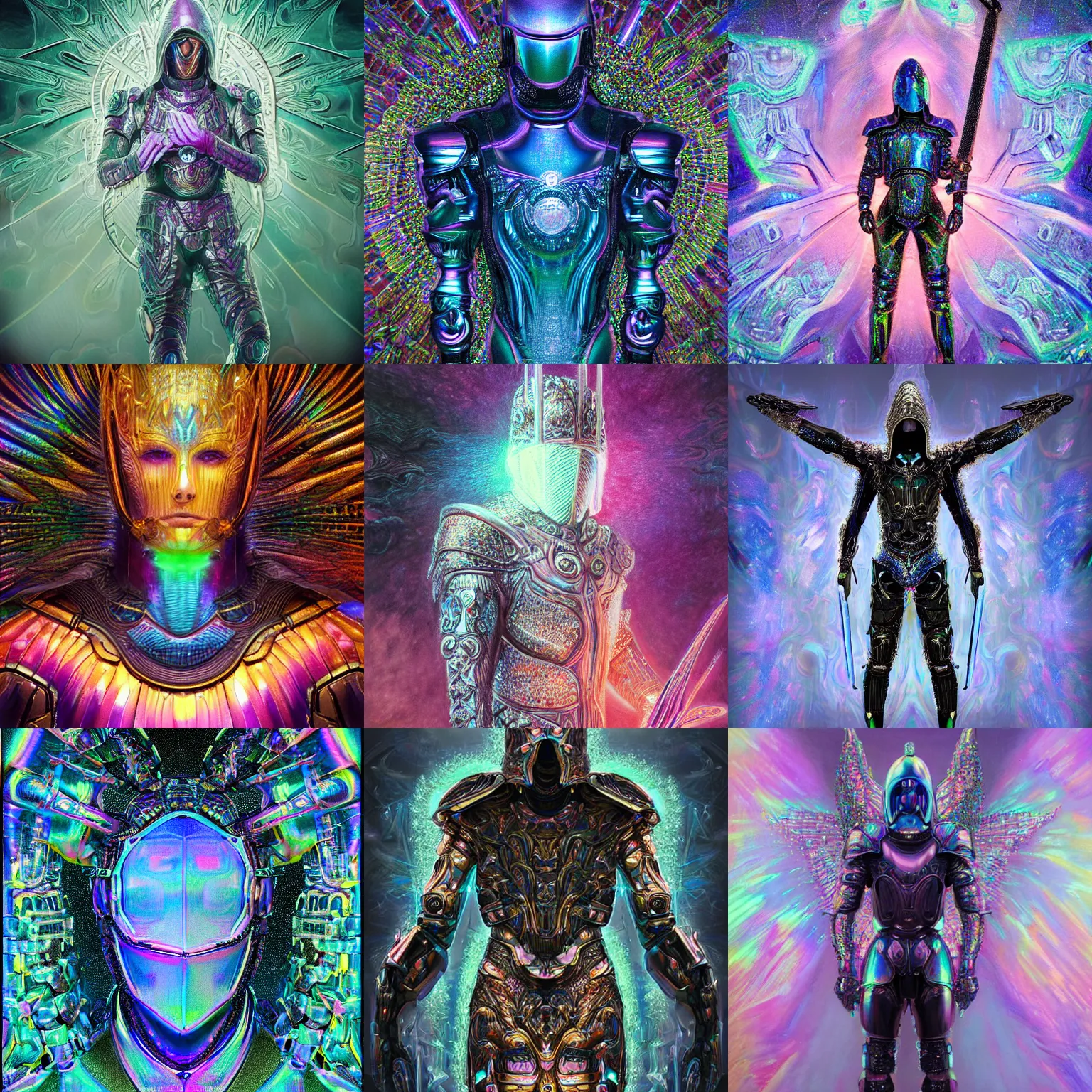 Prompt: Ultra realist intricate dark iridescent subtle pastel detailed painting of a powerful hooded divine royal omnipotent being wearing body armor and brandishing a precious futuristic cosmic sword of iridescent flame, human face, biomechanical complex torso covered in iridescent 3D processor microchips, 3D render, 4K, symmetry, rich style, iridescent smoke behind, crystallic megastructure background, artstation, iridescent, badass, galactic deity, dark ominous stealth, depth of field, award winning on artstation, artgerm