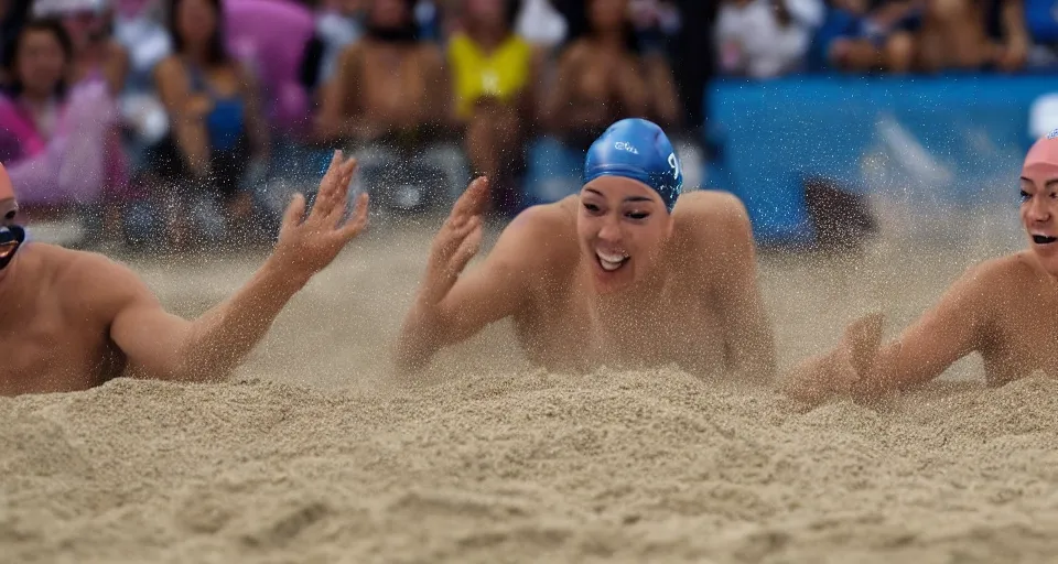 Image similar to olympic swimming in sand instead of water, extremely coherent