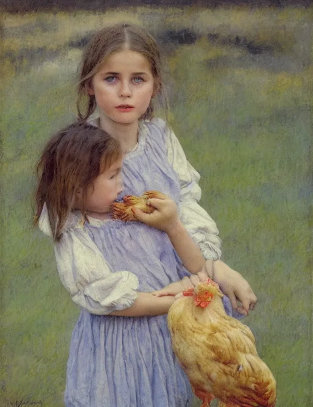Prompt: portrait of little peasant girl holding a chicken, cottage core, cinematic focus, polaroid photo bleached vintage pastel colors high - key lighting, soft lights, foggy, by steve hanks, by lisa yuskavage, by serov valentin, by tarkovsky, 8 detailed, oil on canvas