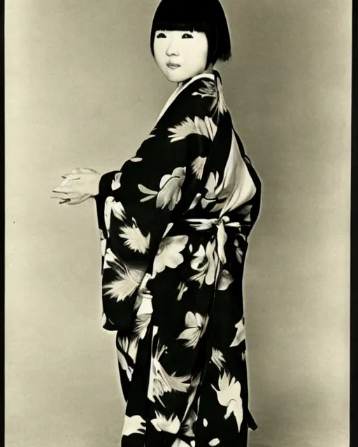 Prompt: photo of a japanese woman with bangs in 1966, wearing a loose kimono, artistic, black and white