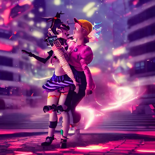 Prompt: a girl like jinx and Princess peach, dancing, background jet ground radio, fullshot, raytrayced, octane render,volumetric lighting, epic composition, intricate details, dark neon punk, by myanko