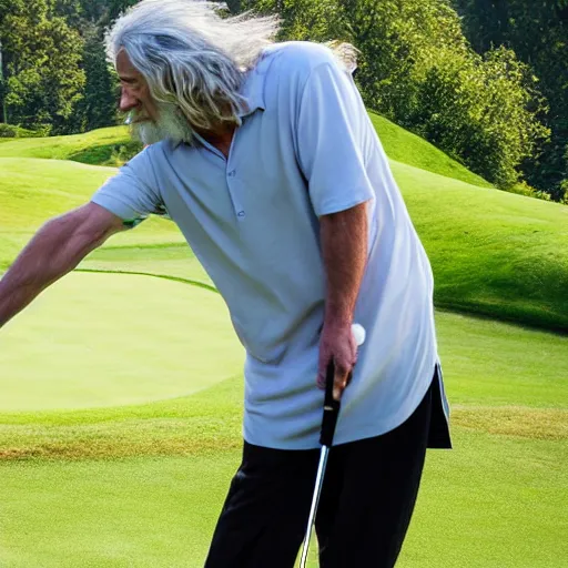 Prompt: photo of gandalf playing golf with frodo