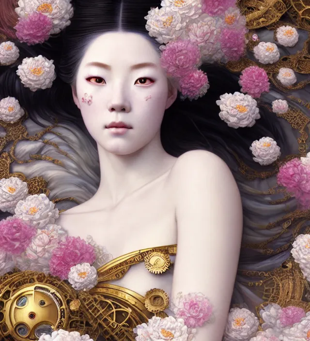 Prompt: baroque portrait of one geisha woman of porcelain skin with steampunk elements lying down in a river made of thousand of flowers, cinematic lighting, photorealistic, octane render, 8 k, depth of field, art by artgerm and greg rutkowski and alphonse mucha and uang guangjian