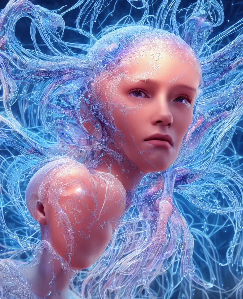 Image similar to close-up macro portrait of the face of a beautiful princess, epic angle and pose, symmetrical artwork, 3d with depth of field, blurred background, cybernetic jellyfish female face skull phoenix bird, translucent, nautilus, energy flows of water and fire. a highly detailed epic cinematic concept art CG render. made in Maya, Blender and Photoshop, octane render, excellent composition, cinematic dystopian brutalist atmosphere, dynamic dramatic cinematic lighting, aesthetic, very inspirational, arthouse. y Greg Rutkowski, Ilya Kuvshinov, WLOP, Stanley Artgerm Lau, Ruan Jia and Fenghua Zhong