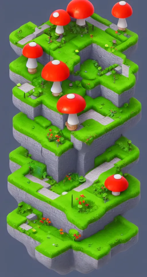 Image similar to a cute little isometric mushroom village garden, trending on artstation, 3d render, monument valley, fez video game,